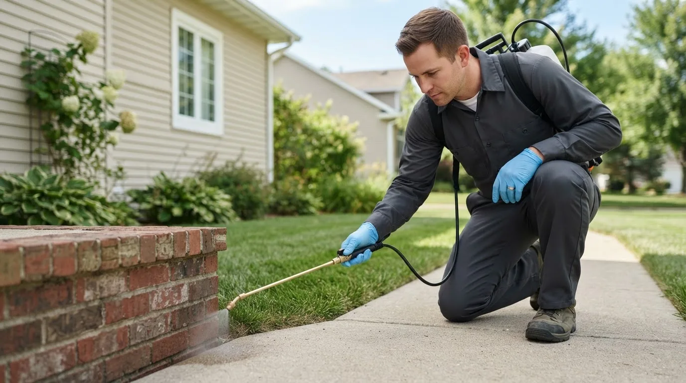 Pest control technician treating a home near Rowe, VA